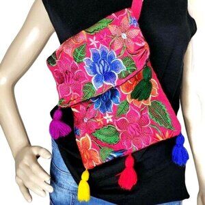 Handcrafted Floral Embroidered Crossbody Bag Pom Tassels zip closure festival